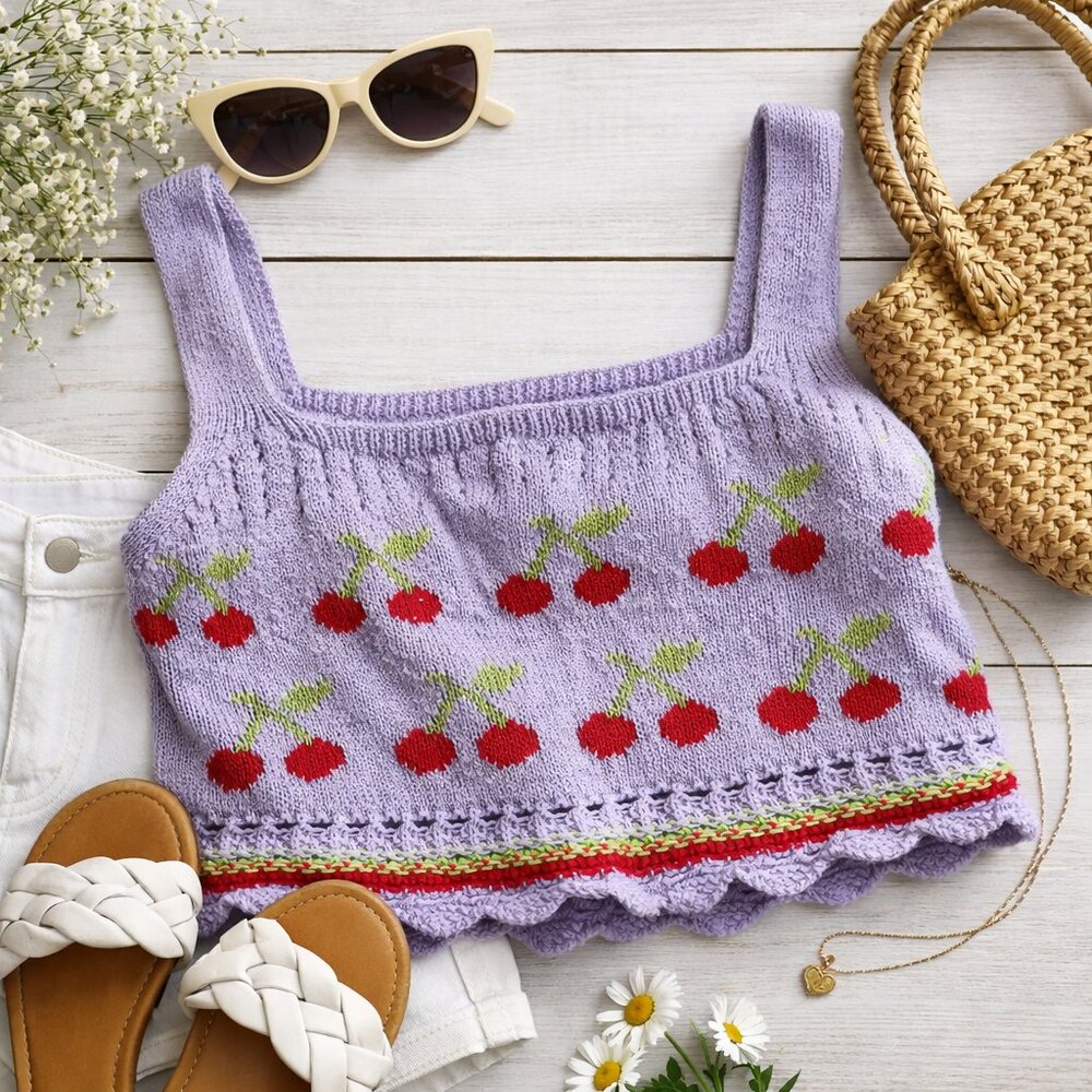 Zara Cherry Sweater Tank Lavender Large Knit Crop Top Coquette